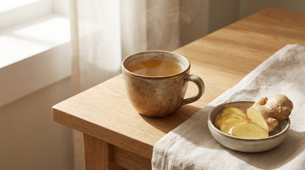 Tasse de tisane de gingembre fumante sur table en bois, avec du gingembre frais entier et tranché dans un bol sur un linge clair.