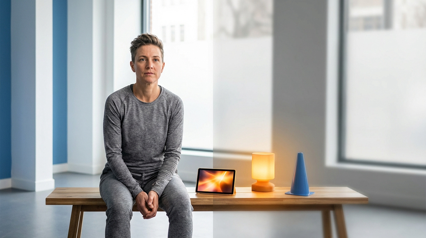 Femme assise en tenue de sport sur un banc, regardant devant elle. Une tablette, une lampe et un cône sont à côté, suggérant une rééducation visuelle.