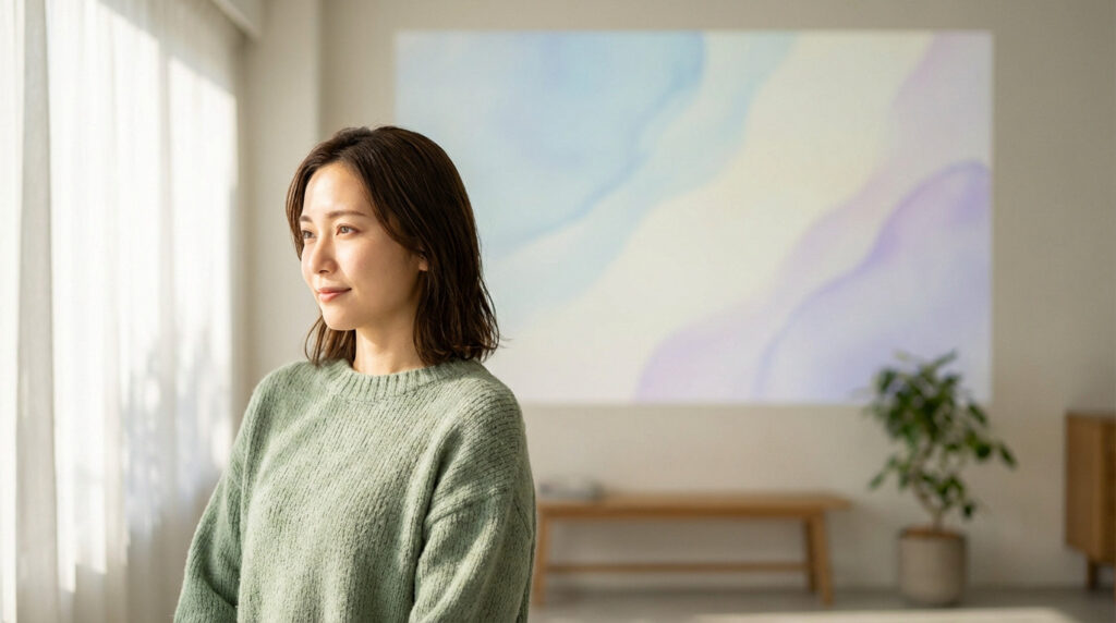 A thoughtful woman in a sage green sweater gazes towards a window in a bright, minimalist room with abstract gradient art.