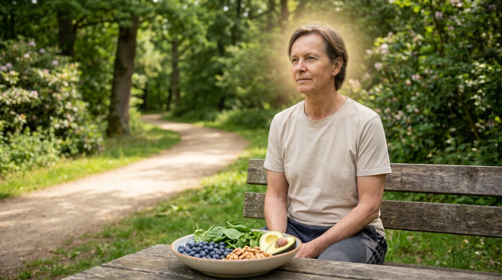 Personne sur un banc en nature, devant un bol d'aliments sains. Symbole de vie saine contre Alzheimer.