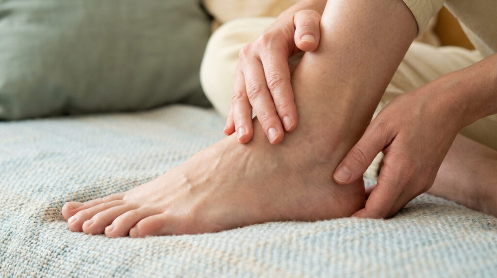 Gros plan sur un pied et une cheville. Deux mains massent délicatement la zone, suggérant un soulagement de la douleur.