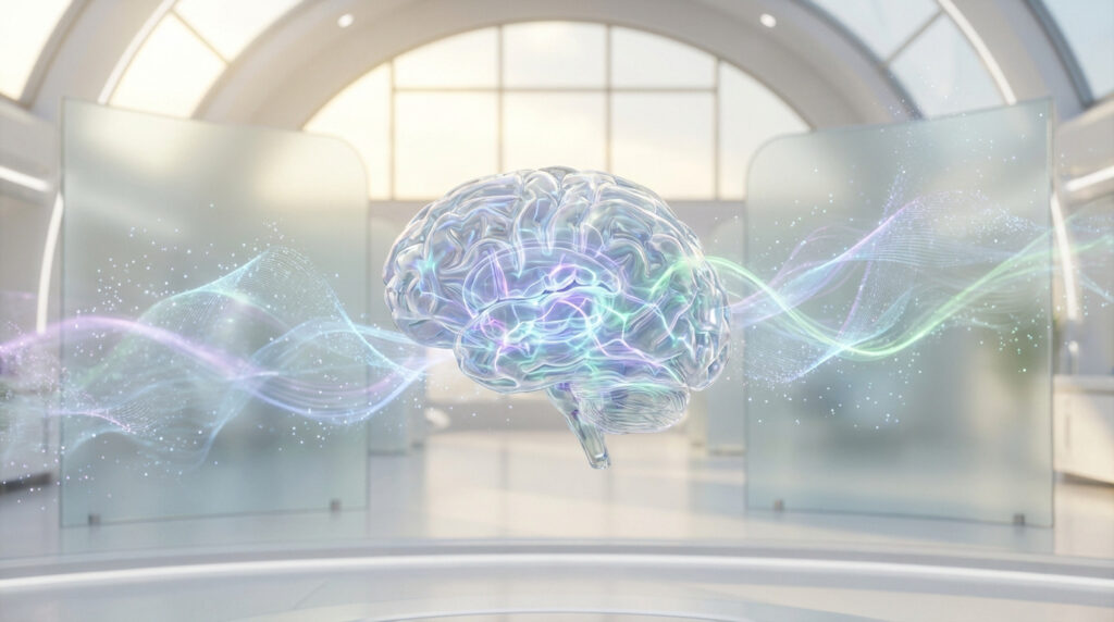 Modèle 3D translucide d'un cerveau humain avec des ondes lumineuses colorées dans un environnement médical futuriste.