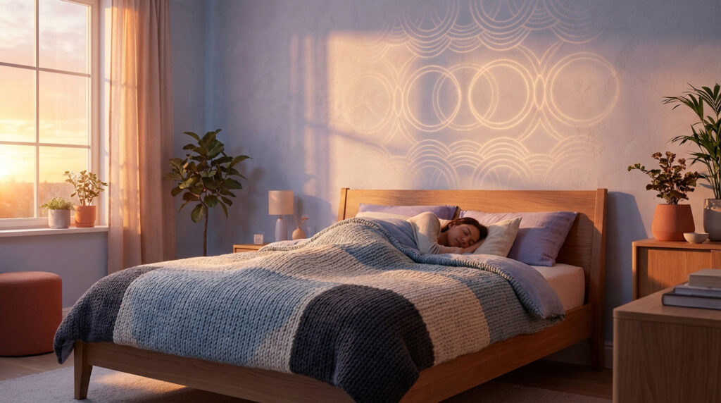Femme endormie paisiblement dans un lit douillet et confortable. La lumière chaude du soleil matinal ou vespéral illumine la pièce.