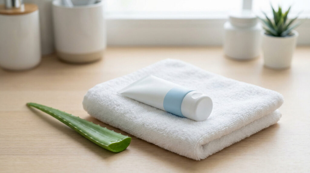 Une feuille d'aloe vera, un tube de crème blanc et une serviette pliée sur une surface en bois. Symbolise le soin de la peau.