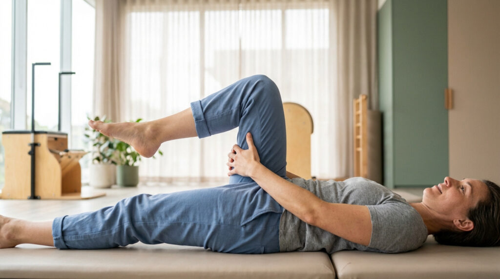 Femme sur un tapis de Pilates étirant un genou vers sa poitrine, comme exercice de soulagement ou de rééducation.