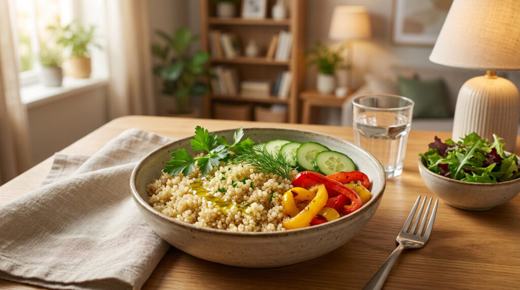 Un bol de quinoa avec poivrons, concombres, persil et aneth, sur une table en bois avec un verre d'eau et une salade verte en arrière-plan.