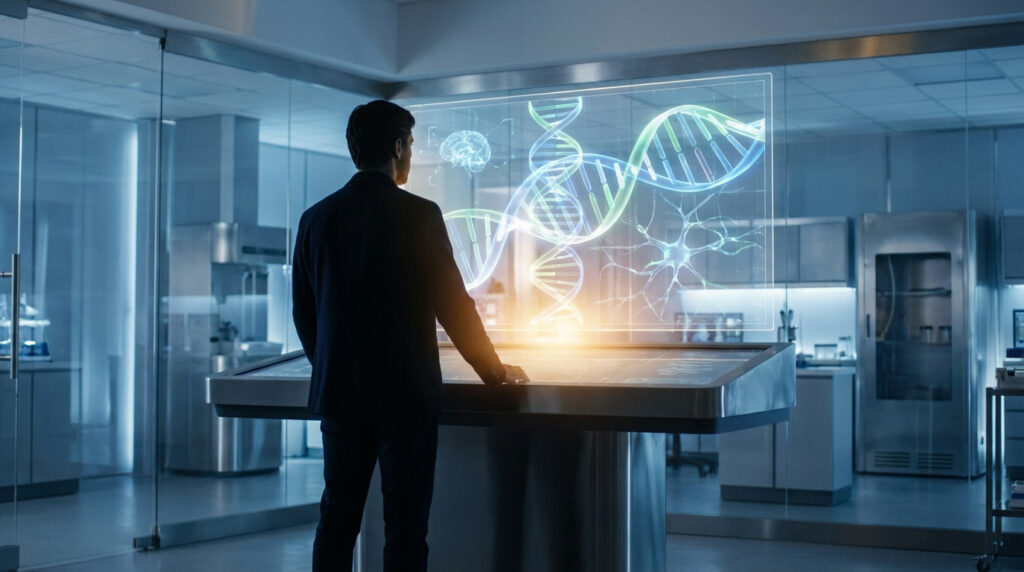 Homme dans un labo moderne regardant un écran holographique affichant de l'ADN, un cerveau et des neurones.