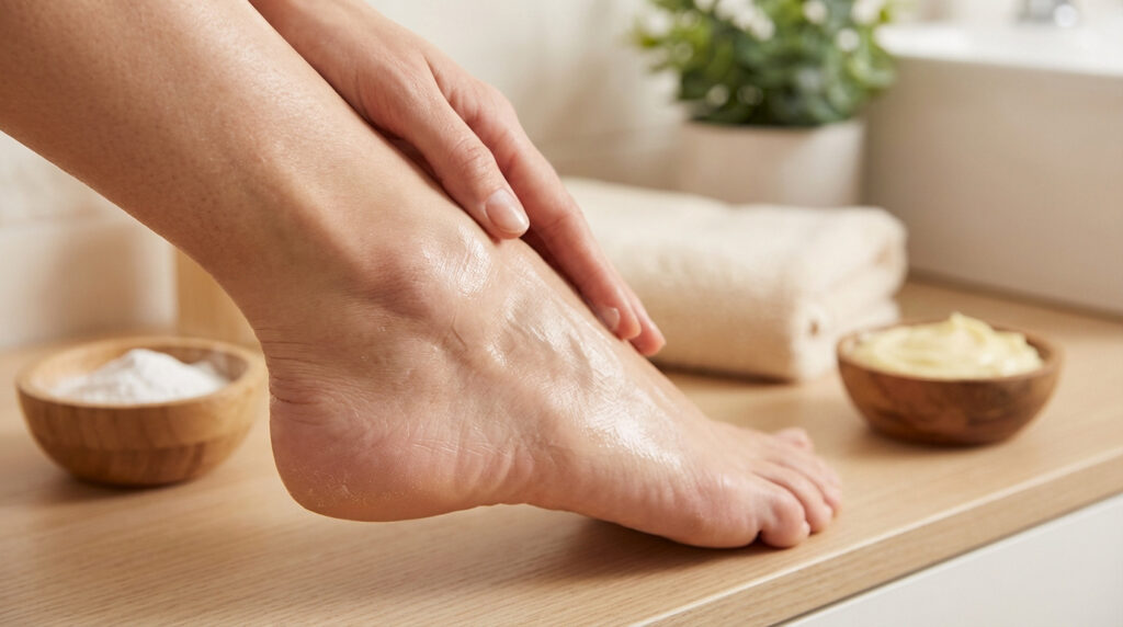 Gros plan sur un pied recevant un massage hydratant, avec une crème et un gommage en arrière-plan sur une surface en bois.