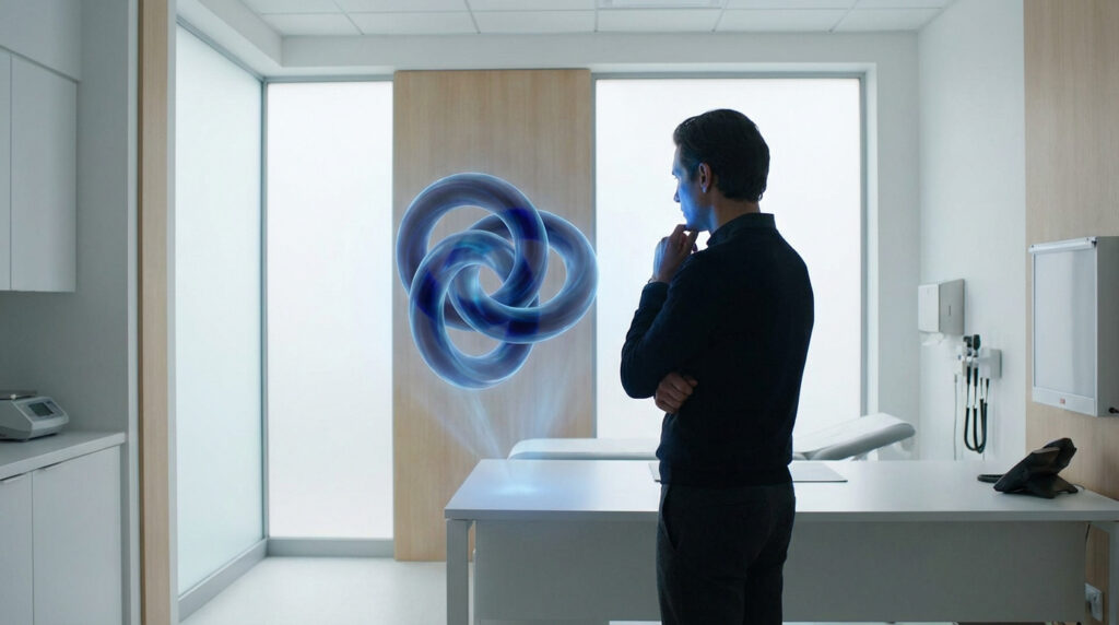 Homme observant une projection holographique 3D de formes entrelacées dans un cabinet médical moderne. Représentation conceptuelle.