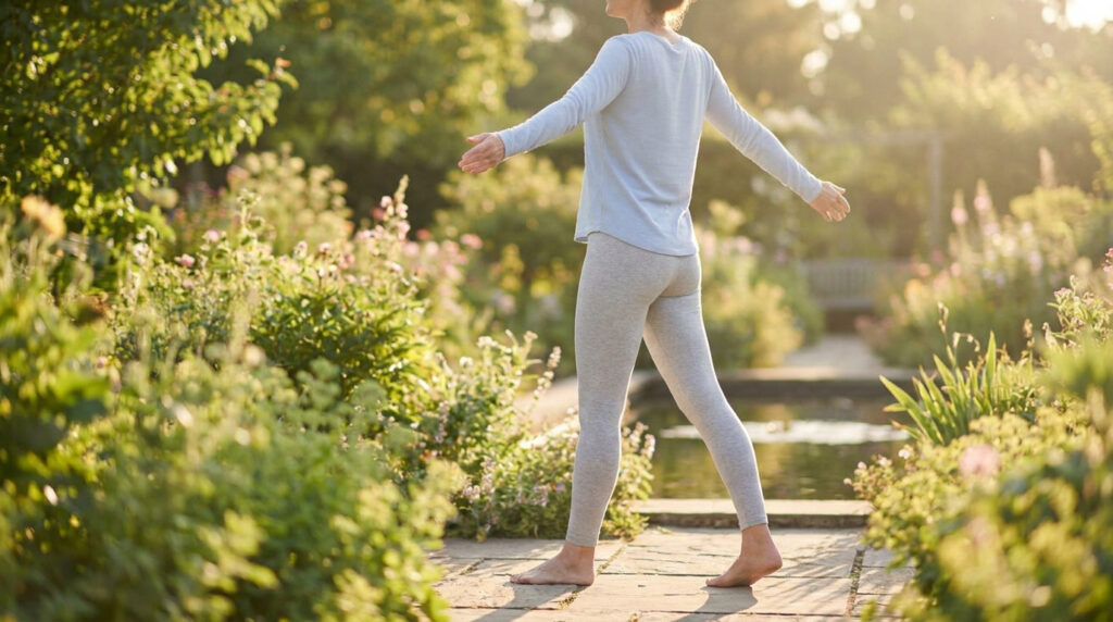 Femme marchant pieds nus sur un chemin de pierres dans un jardin luxuriant et ensoleillé, les bras ouverts pour l'équilibre.