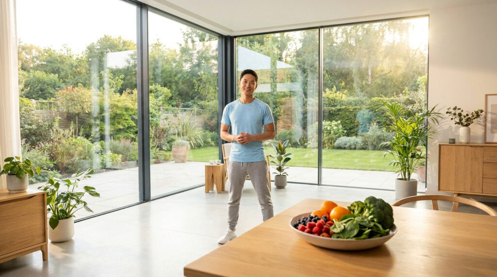 Un homme souriant dans un salon moderne avec une coupe de fruits et légumes frais sur la table.