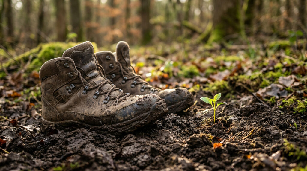 Une paire de bottes de randonnée boueuses posées sur un sol de forêt détrempé, près d'une jeune pousse verte éclairée.