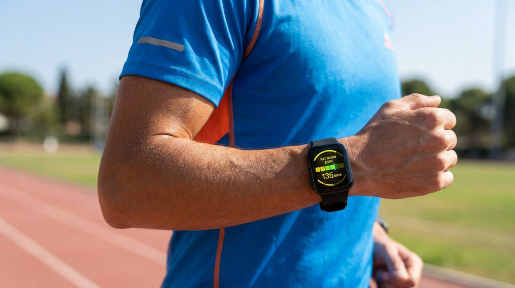 Gros plan sur le bras d'un coureur portant une montre connectée affichant 135 BPM dans la zone de combustion des graisses sur une piste d'athlétisme.