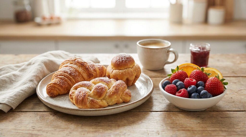 Petit-déjeuner sur table en bois: croissant, deux brioches, un bol de baies et agrumes frais, café et confiture.