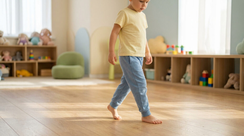 Un petit garçon en t-shirt jaune marche pieds nus sur la pointe des pieds dans une salle de jeux lumineuse.