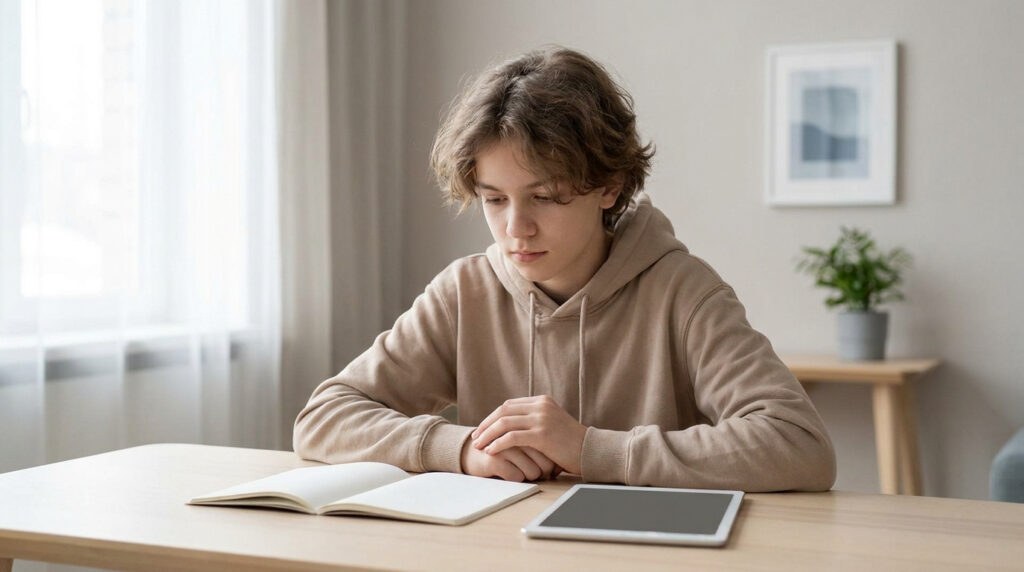 Un adolescent aux cheveux châtains portant un sweat à capuche beige est assis à un bureau en bois, concentré sur un cahier.