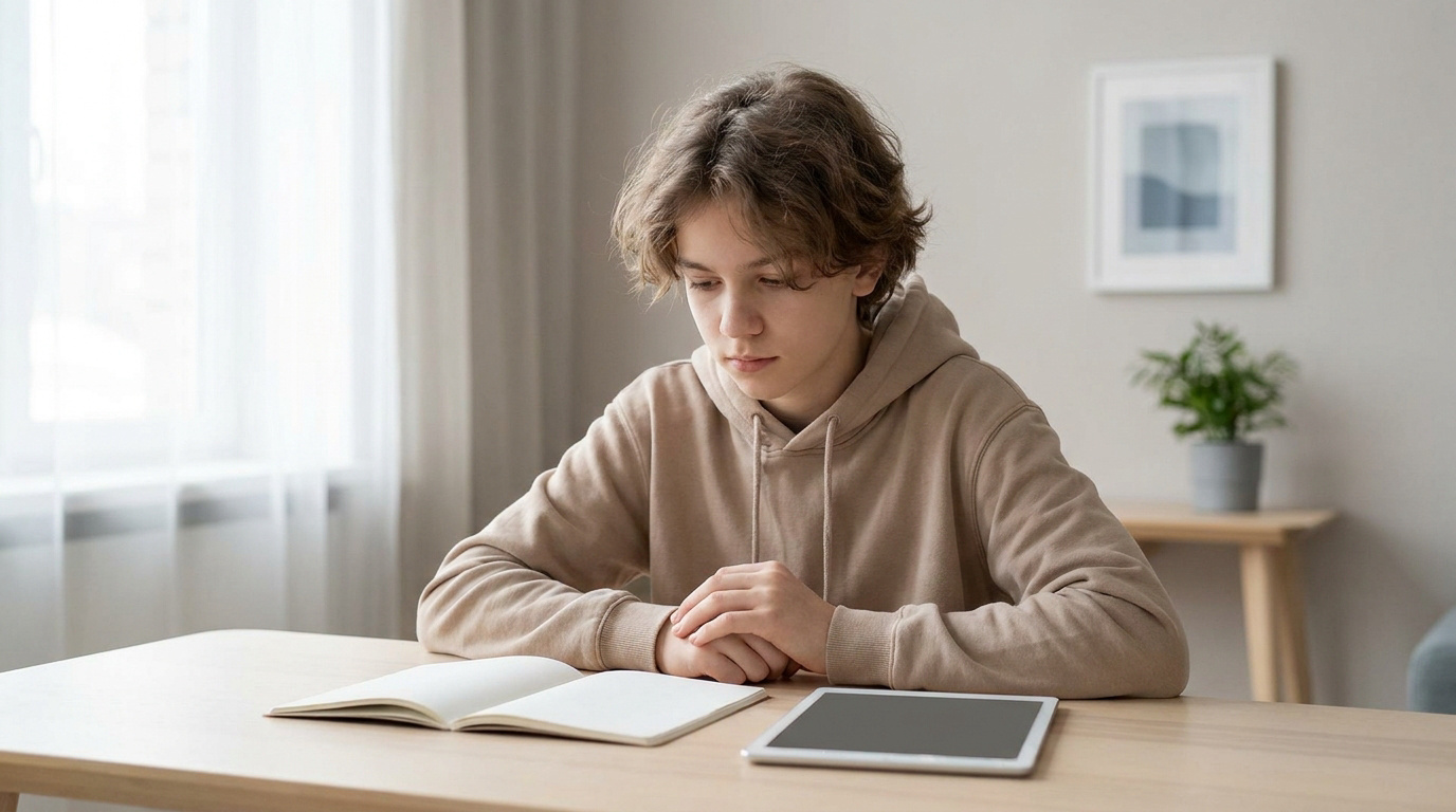 Un adolescent aux cheveux châtains portant un sweat à capuche beige est assis à un bureau en bois, concentré sur un cahier.