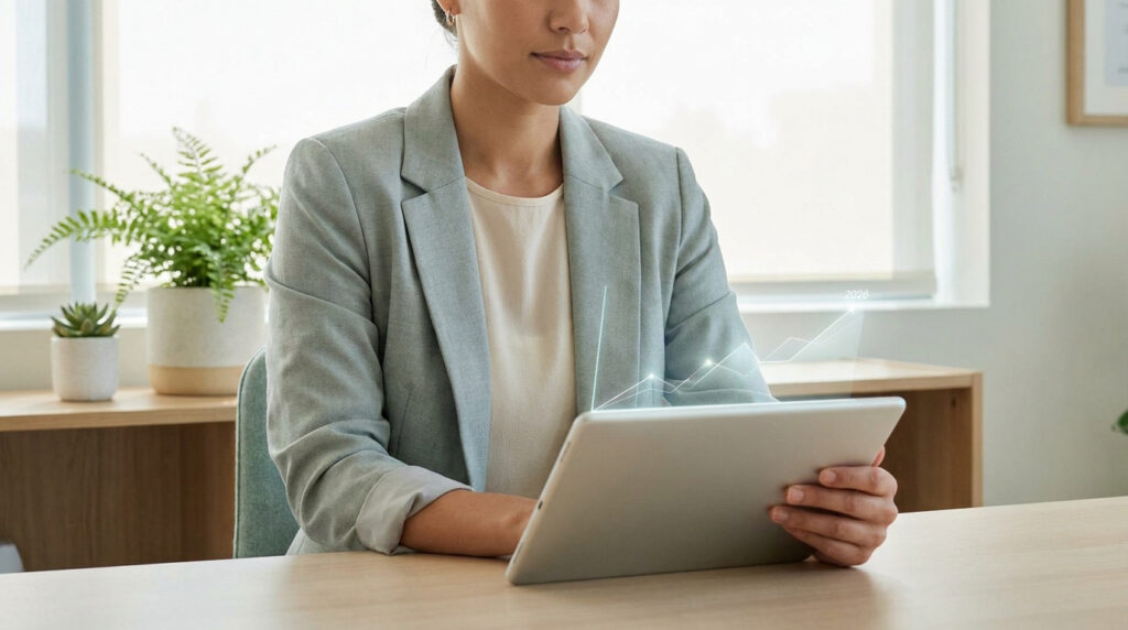 Une femme en tenue professionnelle utilise une tablette avec un graphique holographique croissant affichant l'année 2026.