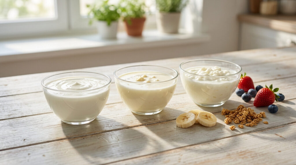 Trois bols de différents laits fermentés accompagnés de fruits frais et de granola sur une table en bois.