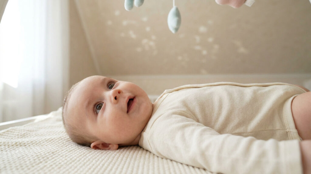 Un bébé en body beige allongé sur le dos, regardant curieusement un mobile suspendu au-dessus de lui.