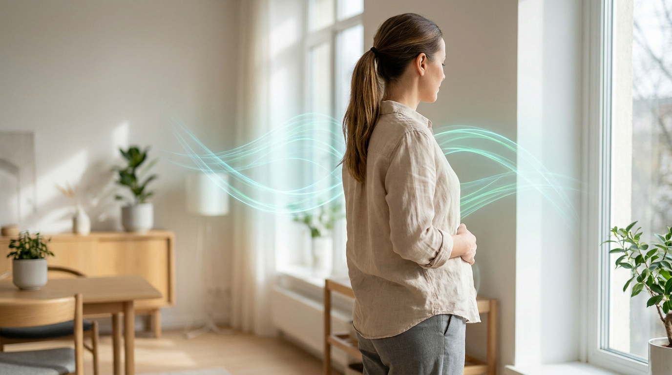 Une femme de dos, debout près d'une fenêtre dans une maison lumineuse, avec des lignes d'énergie vertes autour d'elle.