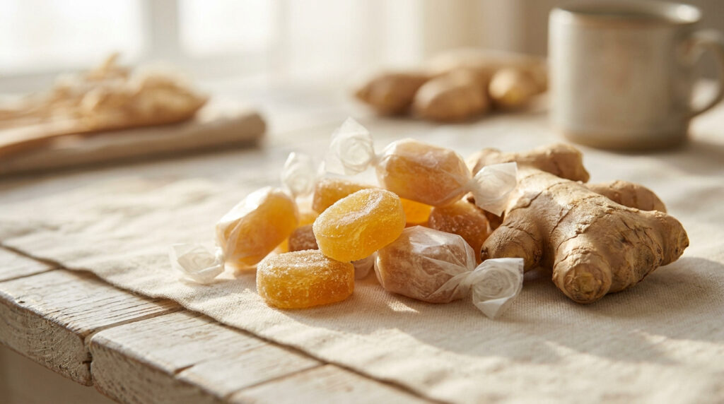 Tas de bonbons au gingembre cristallisés et racine de gingembre frais sur une table en bois avec une tasse.