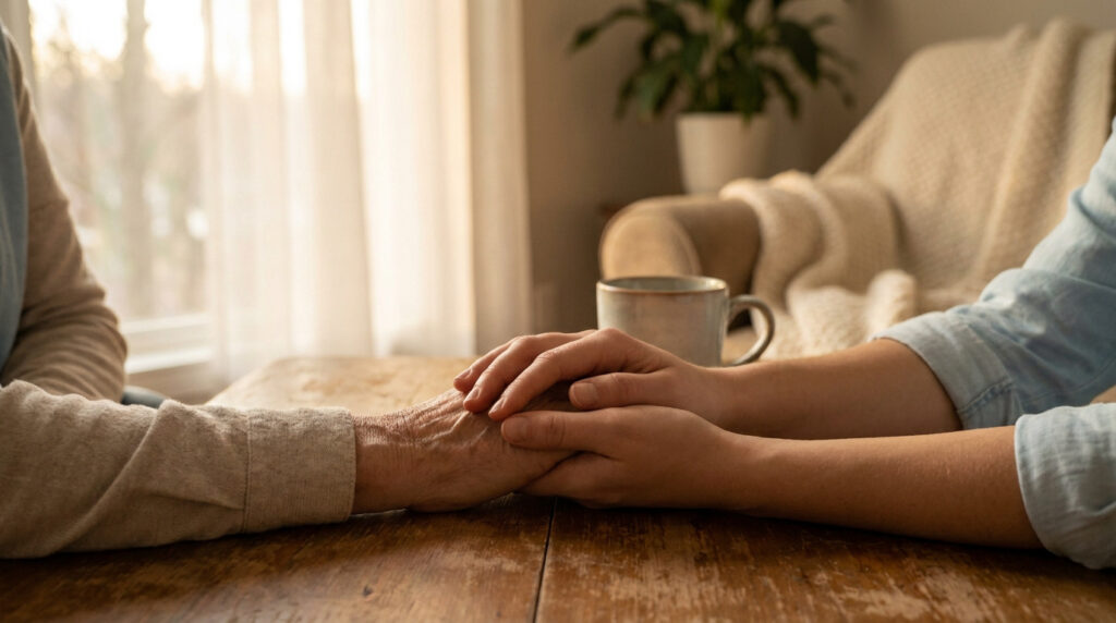 Deux personnes se tiennent la main sur une table en bois, symbolisant le réconfort et l'accompagnement.