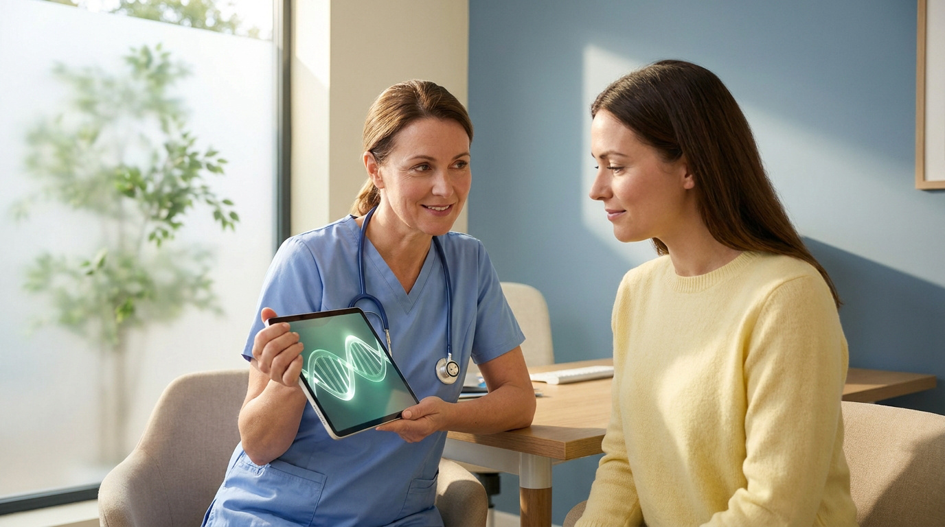Une médecin montre une tablette avec une image d'ADN à une patiente lors d'une consultation médicale.