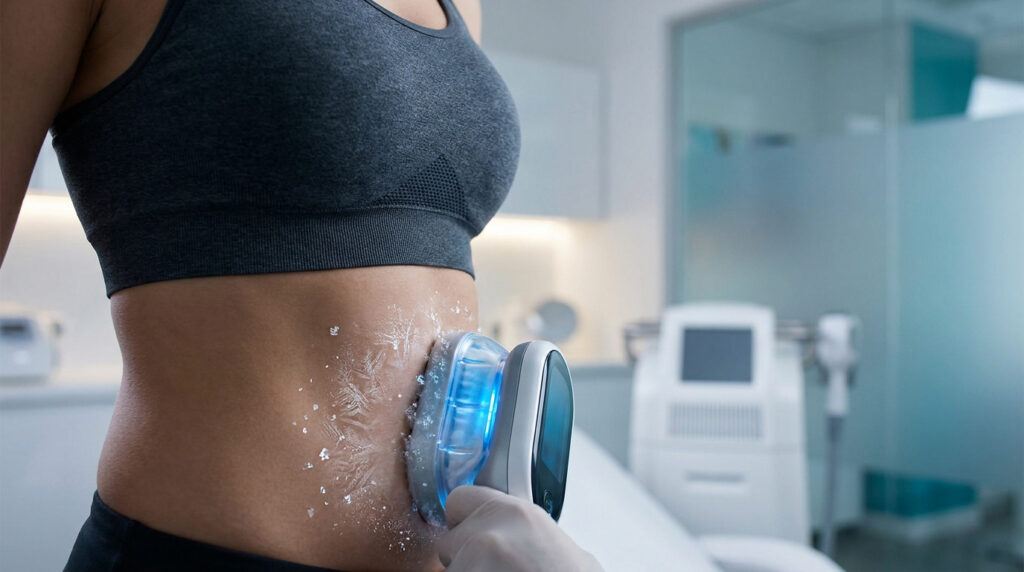 Appareil de cryolipolyse sur l'abdomen d'une femme avec des cristaux de glace symbolisant le traitement par le froid.