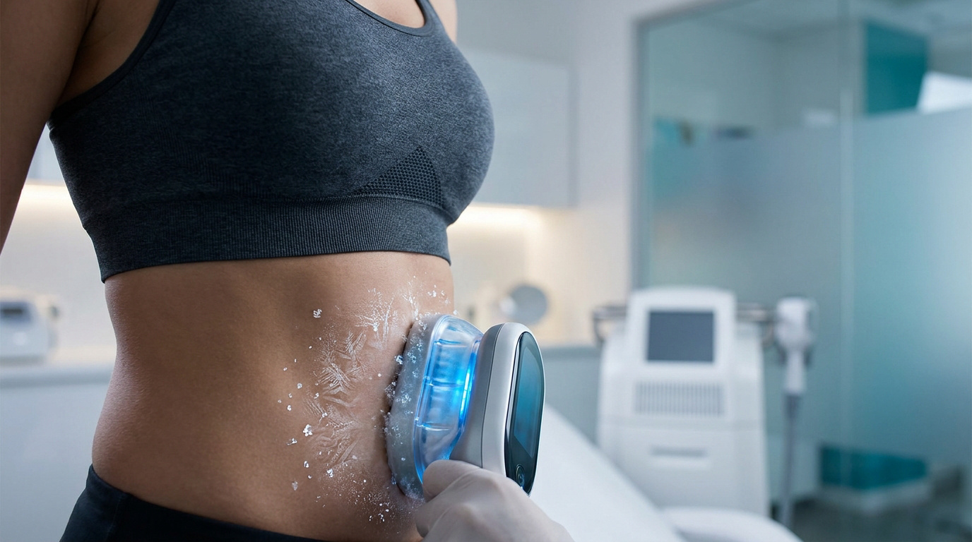 Appareil de cryolipolyse sur l'abdomen d'une femme avec des cristaux de glace symbolisant le traitement par le froid.