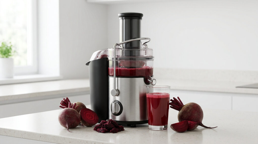 Un extracteur de jus en inox sur un plan de travail avec un verre de jus de betterave et des betteraves fraîches.