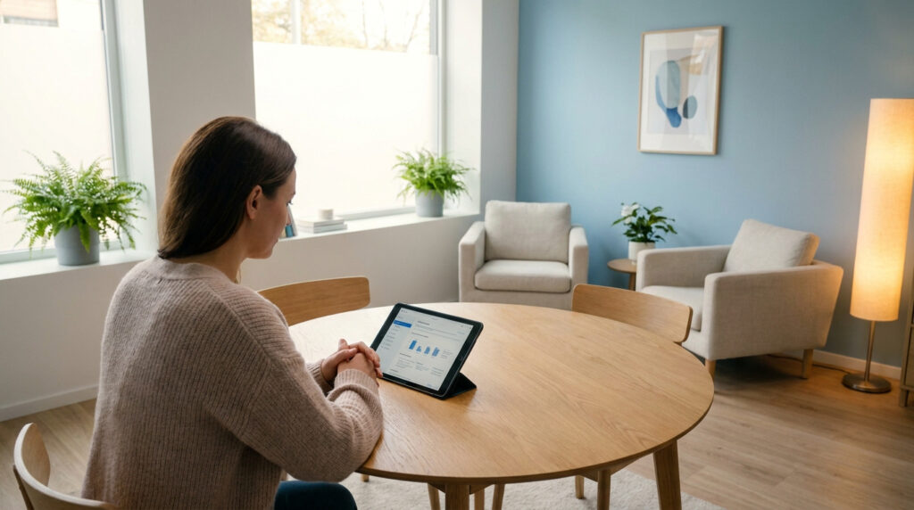 Une femme assise devant une tablette numérique consultant des informations sur l'avortement dans un salon lumineux.