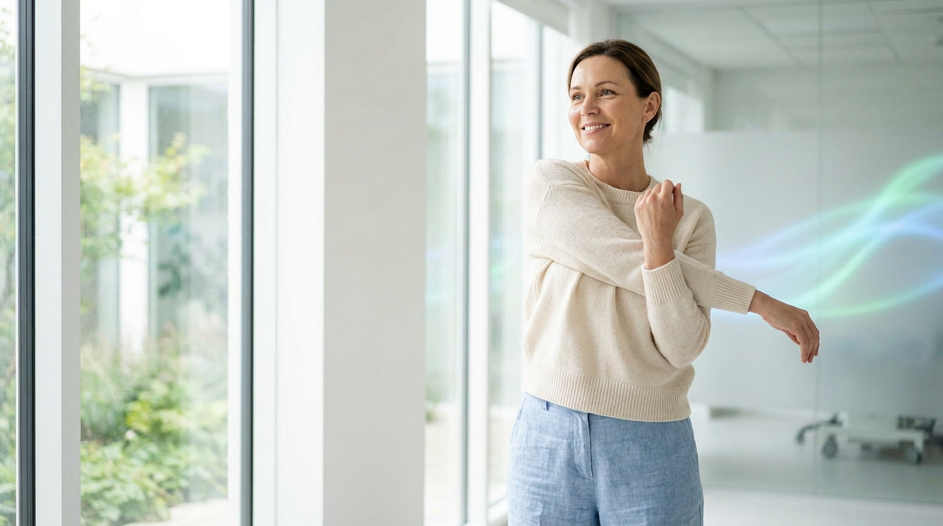 Femme souriante en pull beige faisant des étirements doux près d'une grande baie vitrée dans un environnement médical.