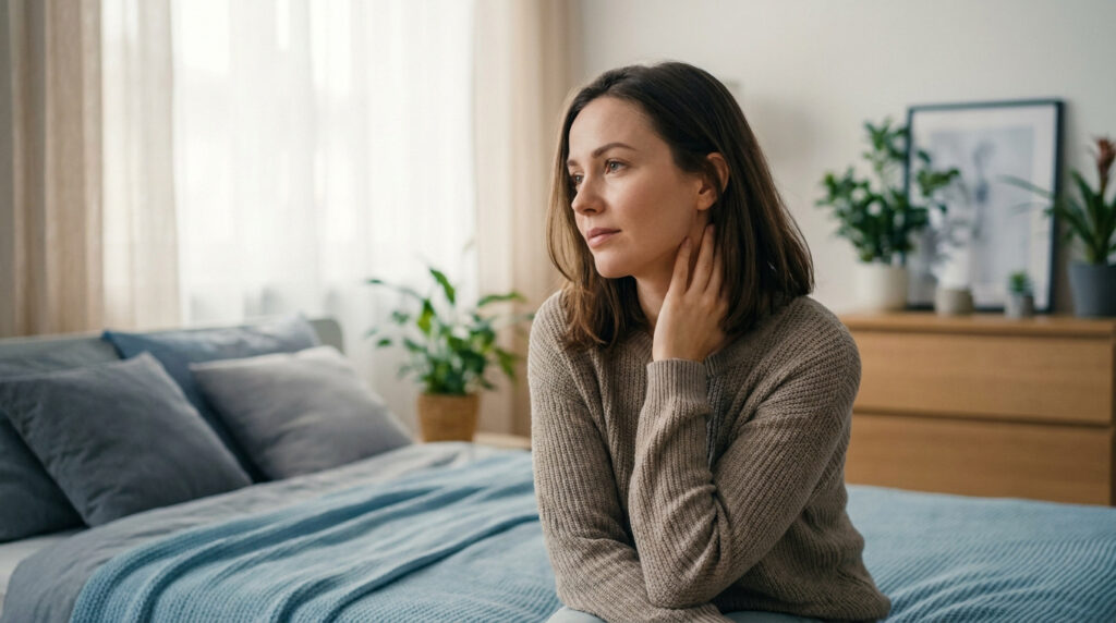 Une femme pensive assise sur un lit, regardant par la fenêtre dans une chambre à coucher.
