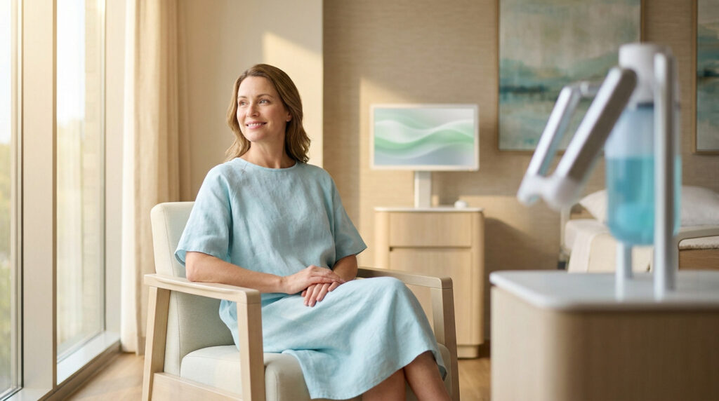 Patiente souriante assise dans une chambre d'hôpital moderne après une intervention chirurgicale.