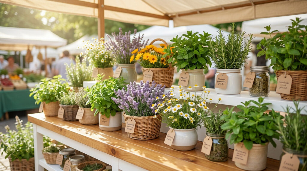 Étal de marché en plein air présentant une variété de plantes médicinales en pots et paniers avec des étiquettes en papier.