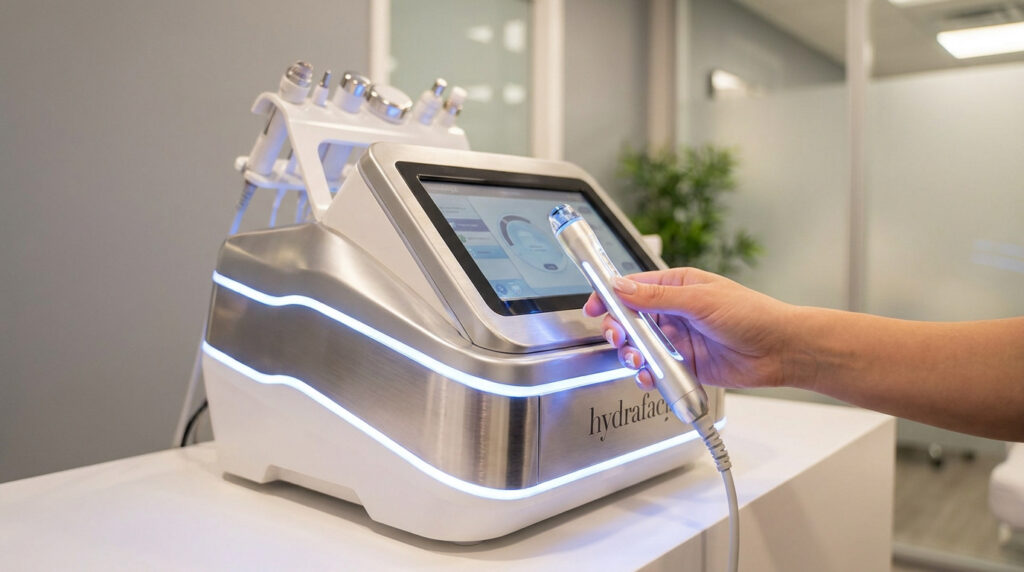 Appareil Hydrafacial professionnel moderne avec une main tenant l'embout de traitement dans un institut.