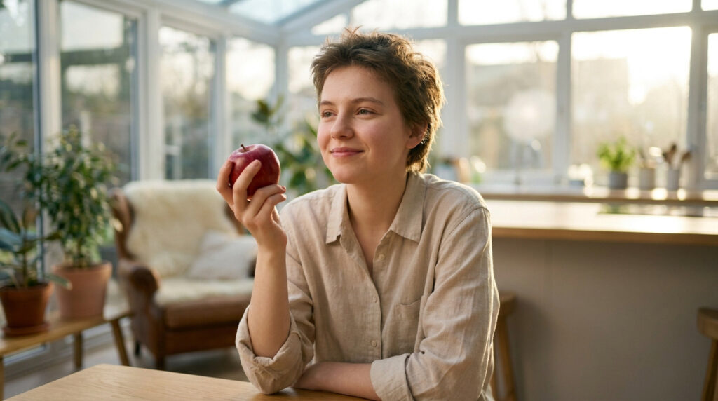 Une jeune personne souriante tenant une pomme rouge dans une véranda ensoleillée.