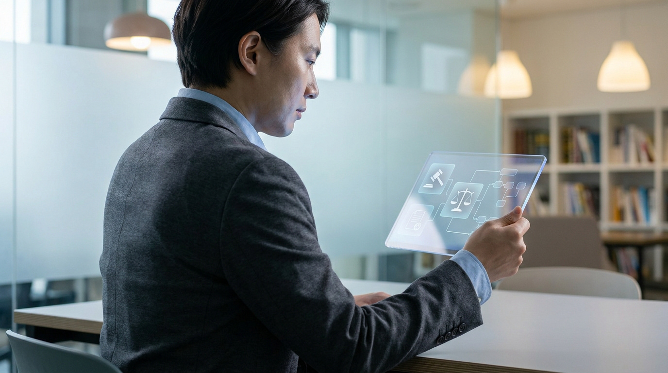 Un homme en costume examine une tablette transparente affichant des symboles juridiques de justice et de loi.