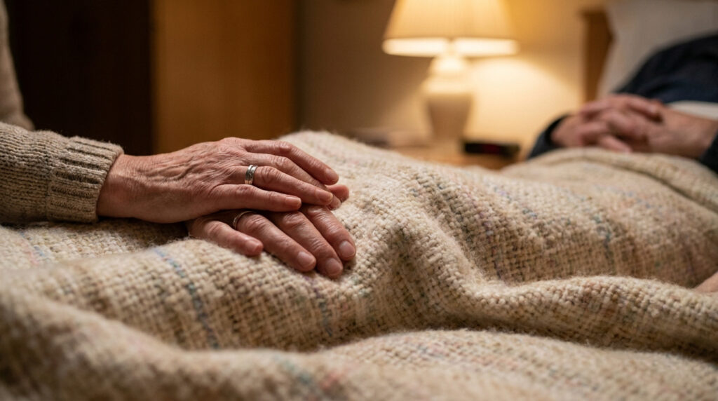 Deux mains âgées se tenant sur une couverture en laine, symbolisant le soutien et l'accompagnement en fin de vie.