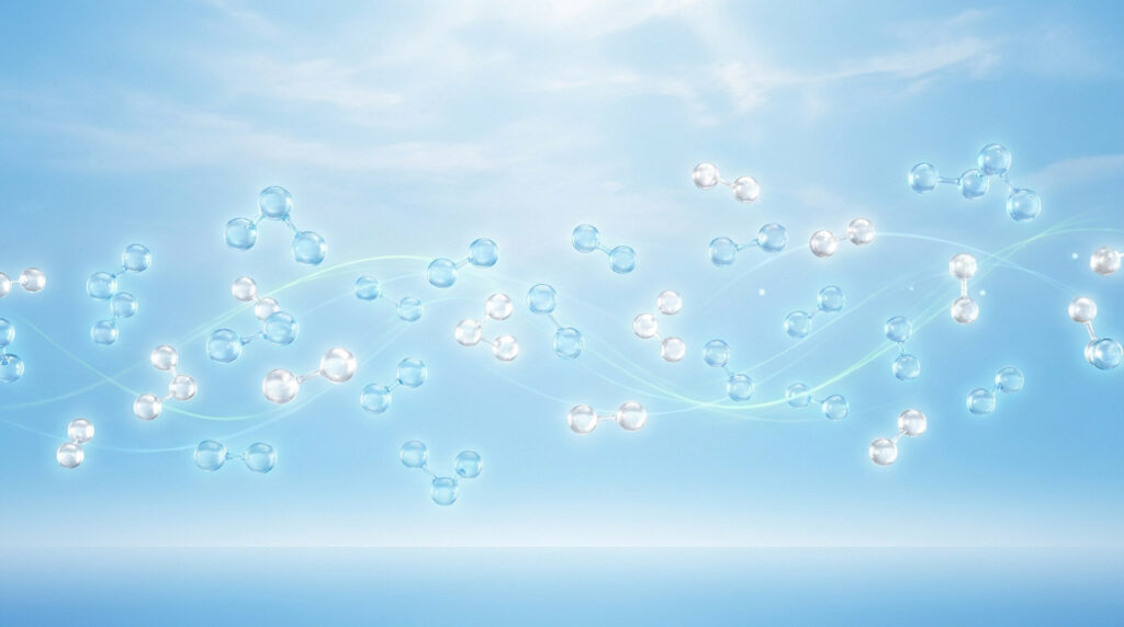 Illustration 3D montrant diverses molécules gazeuses flottant dans un ciel bleu clair, symbolisant l'air.