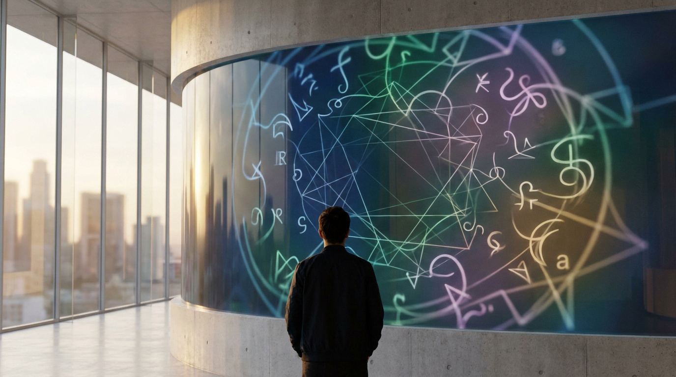 Un homme observe une projection lumineuse complexe de symboles abstraits et géométriques sur un mur incurvé.