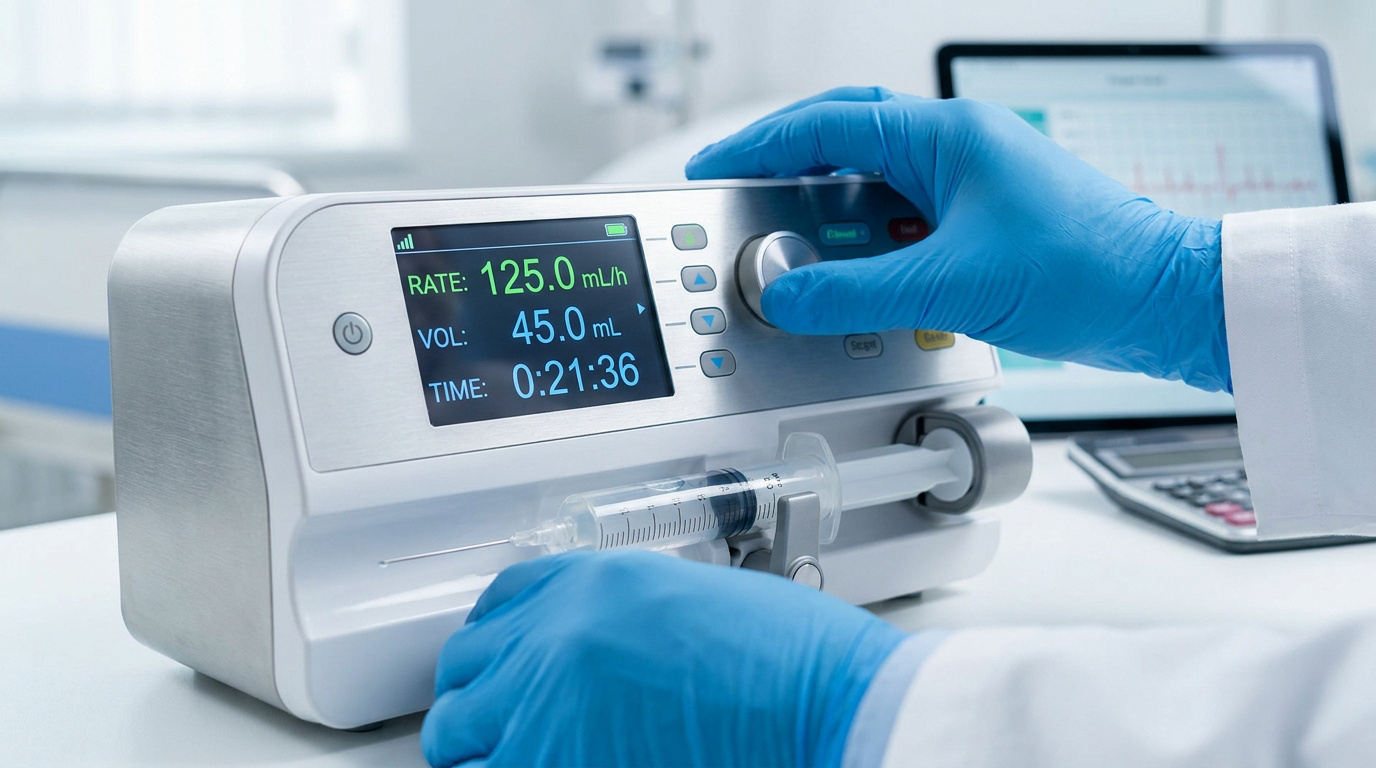 Professionnel de santé réglant un pousse-seringue électrique avec des gants bleus dans un environnement médical.