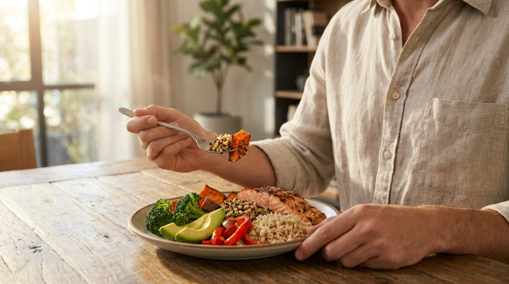 Gros plan sur un homme mangeant un repas sain composé de saumon, de riz, d'avocat et de légumes à une table en bois.