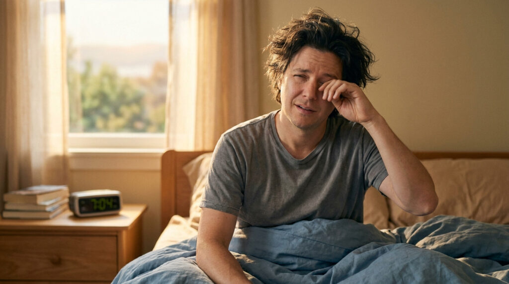 Un homme aux cheveux ébouriffés assis dans son lit au réveil, se frottant l'œil avec une expression de fatigue.