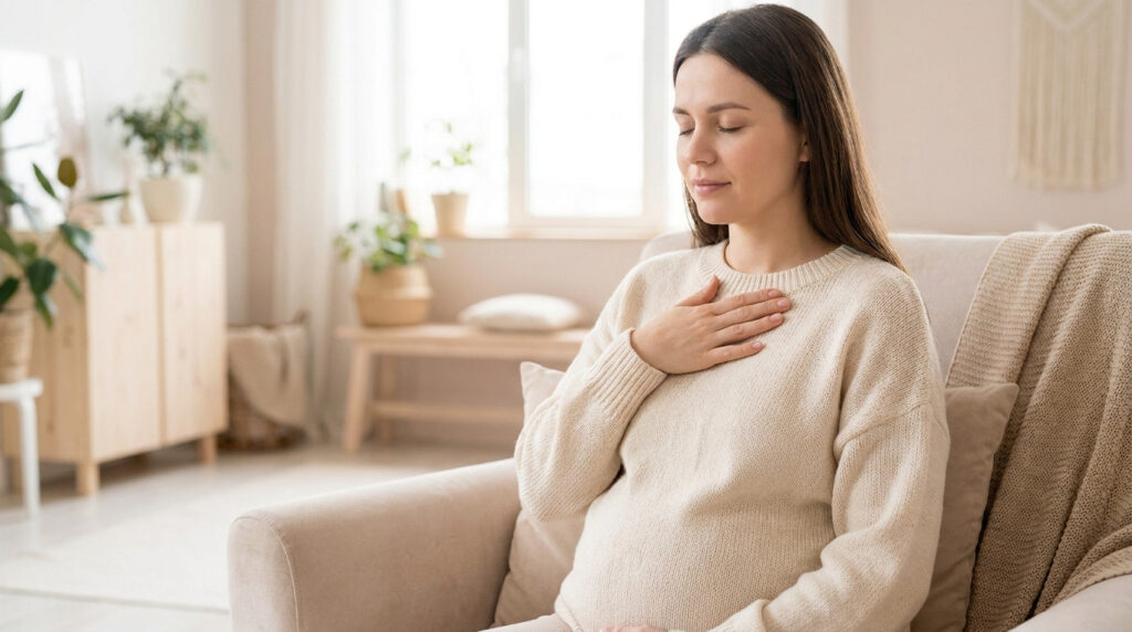 Une femme enceinte assise dans un fauteuil, la main sur sa poitrine, pratiquant une respiration apaisante.