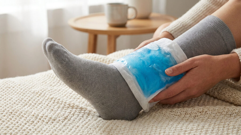 Une personne applique une poche de glace bleue sur sa cheville pour réduire l'enflure postopératoire.