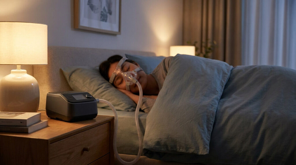 Une personne dort paisiblement avec un masque de PPC dans une chambre à coucher faiblement éclairée.
