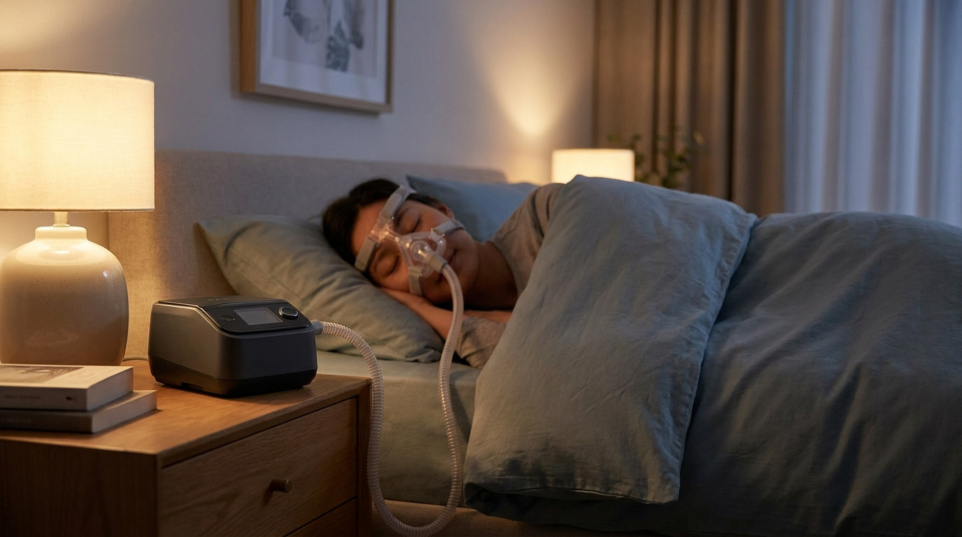 Une personne dort paisiblement avec un masque de PPC dans une chambre à coucher faiblement éclairée.