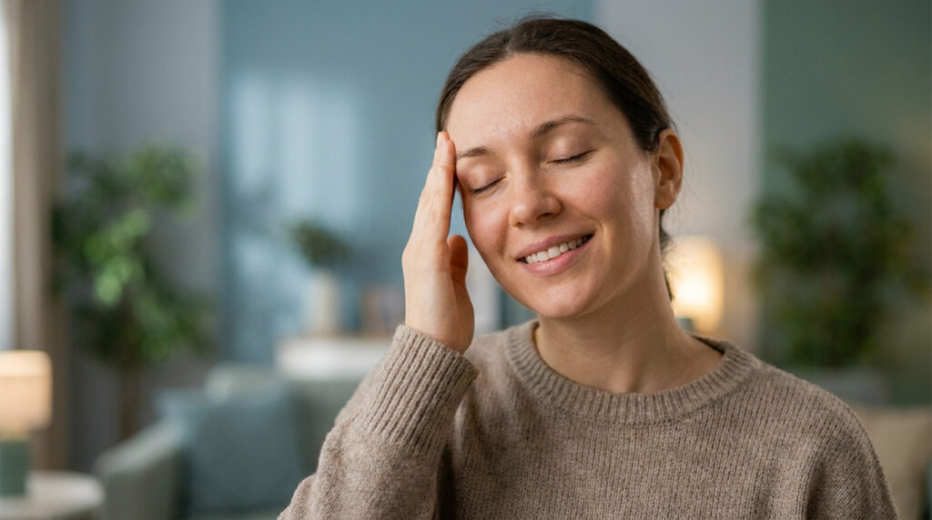 Femme portant un pull beige, yeux fermés, se massant doucement la tempe dans un salon lumineux.